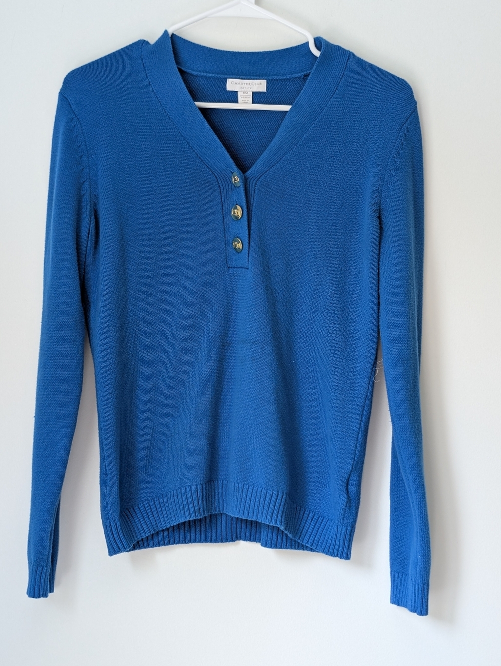 Charter Club Bright Blue V-Neck Gold 3 Button Knit Sweater Size PM